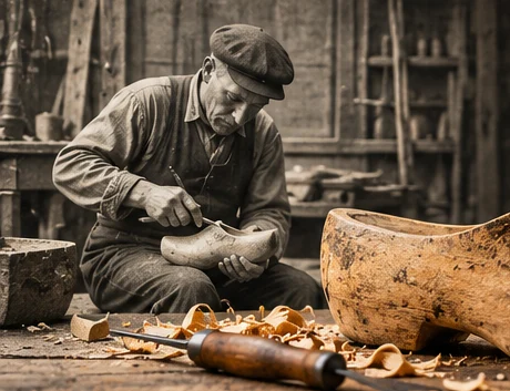 Illustration einer historischen Holzschuhwerkstatt