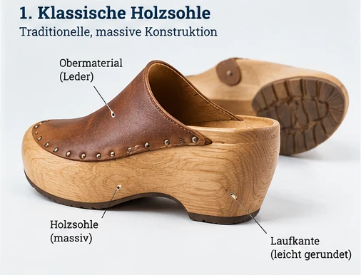 KI-Illustration eines massiven Holzschuhs mit Sohlenaufbau